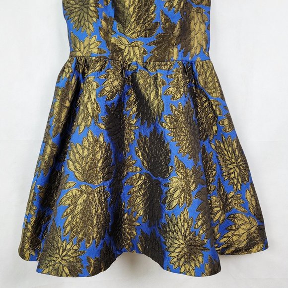 Arc & Co. Women's Dress M Blue Gold Metallic Halter Style Open Back Fit & Flare - Picture 3 of 11